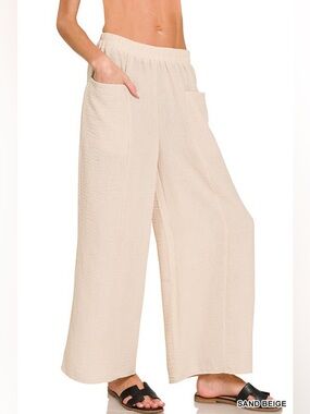 Zenana Sand Beige Woven Airflow Elastic Waistband Pants